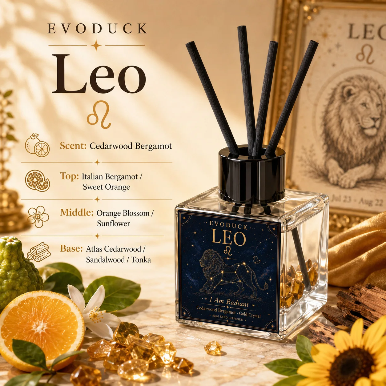 Home Fragrance Bergamot - レオの星座リードディフューザー 50ml シダーウッド ベルガモット クリスタルフレグランスオイル 4本のファイバーリード付き