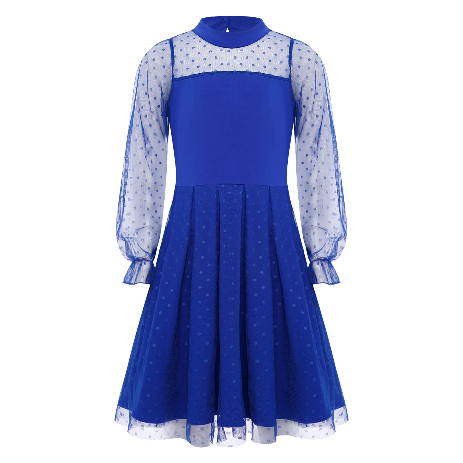 

Kids Girls Dress Mock Neck Long Puff Sleeves Dots Sheer Mesh Patchwork Ruffled Dress Gown for Wedding Birthday Party Vacation