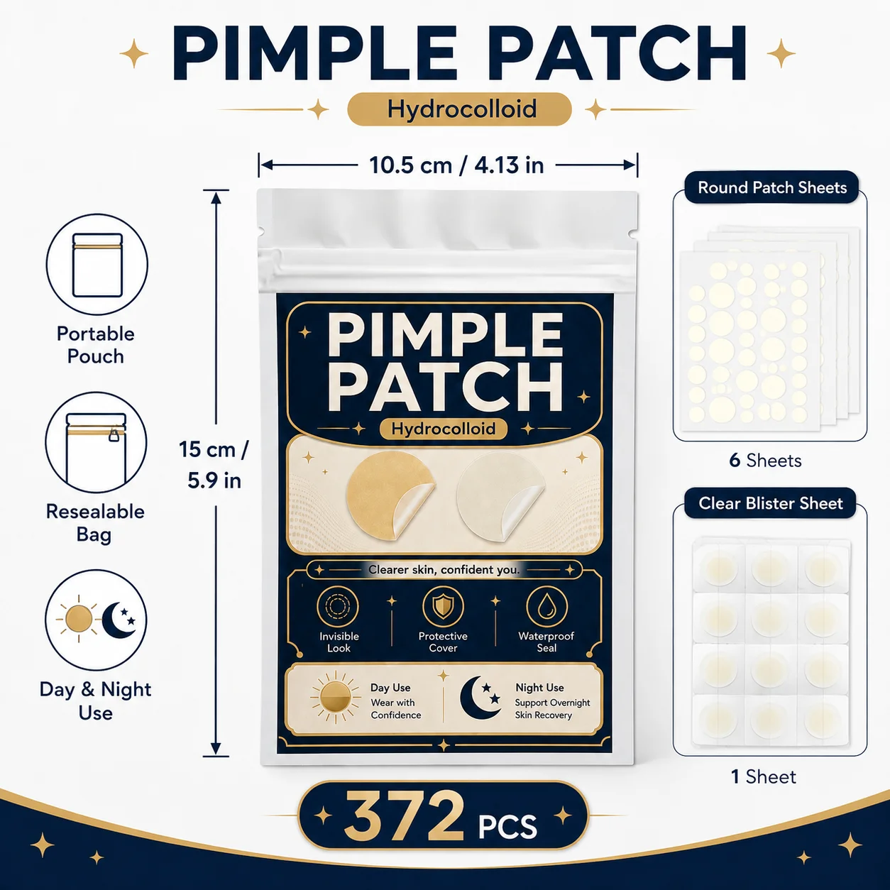 372Pcs Hydrocolloid Facial Patches, Yellow & Clear Blemish Cover Stickers, Gentle Invisible Skin Care, Day & Night Use