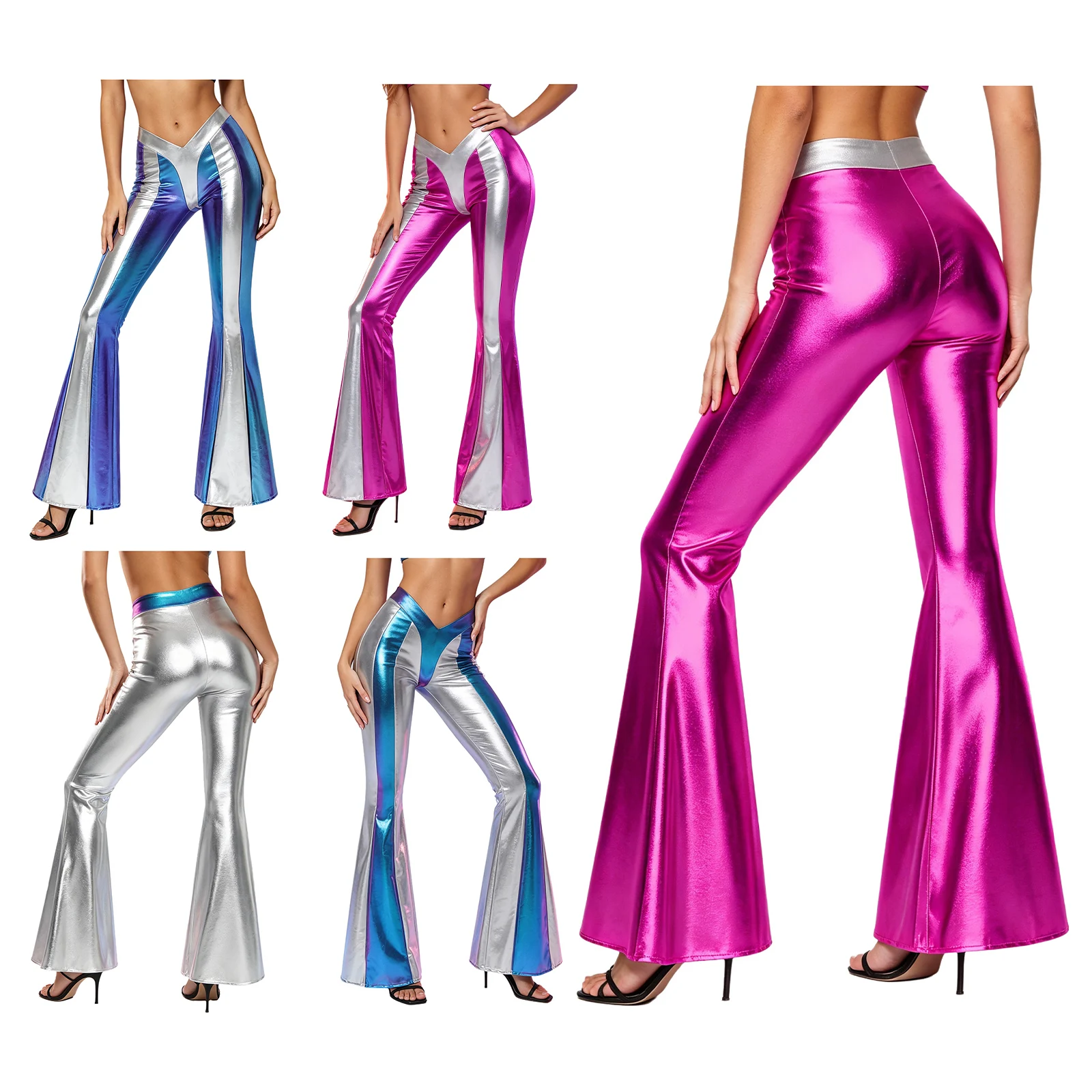 Women Shiny Flare Trousers Metallic Bell Bottoms Color-blocked Silm Fit Pants Retro 70s Disco Costume Stage Prom Club Trouser