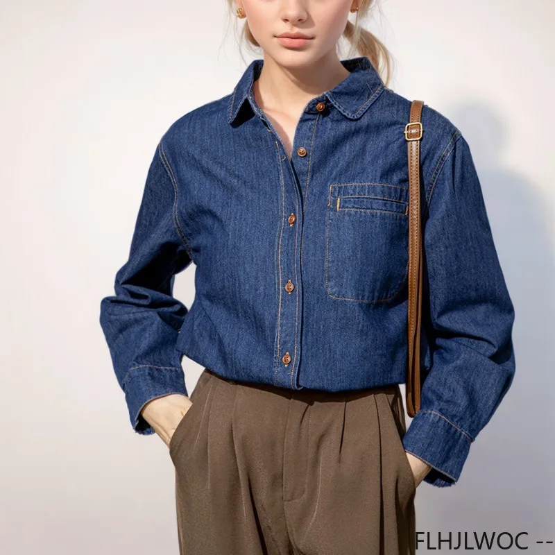 2024 Herbst neues Design Frauen Langarm lässig Japan Mädchen adrette Stil Einreiher Knopf Blue Jeans Jeans hemden