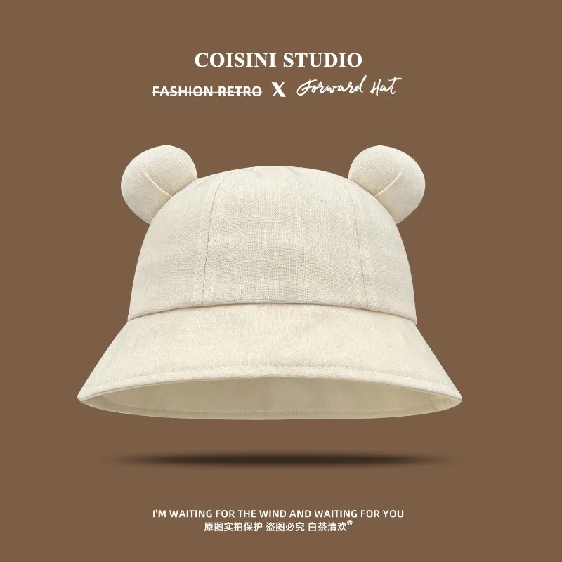 Japanese Cute Solid Color Bear Ears Bucket Hat Women Spring and Summer Travel Large Brim Light and Breathable Leisure Basin Cap