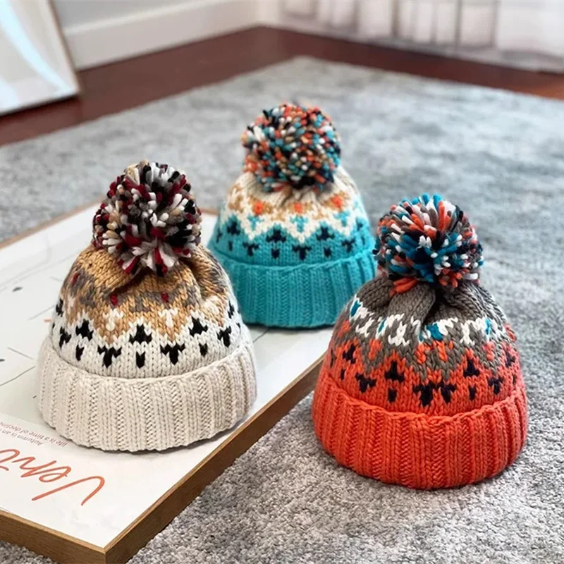 2024 Cute Print Embroidery Beanies Hats For Women Men Winter Wool Warm Fur Pompom Baggy Knit Hat Bonnet Caps