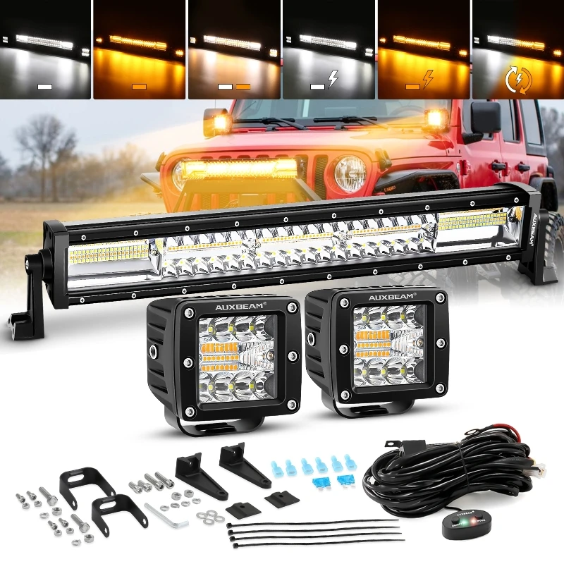 Auxbeam 3Inch 96W+22Inch 120W Light Bar 6 Modes Amber White with Memory Function LED Work Light Driving Lamp for Truck Boat Jeep