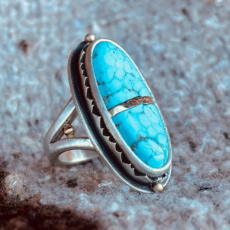 Bohemian Ethnic Style Geometric Natural Turquoise Ring for Women New Personalized Design Rings Vintage Jewelry Accessories Gifts