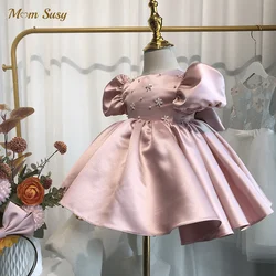 Baby Girl Princess Pearl Beading Dress Infant Toddler Child Bow Vestido Puff Sleeve Wedding Party Birthday Baby Clothes 1-14Y