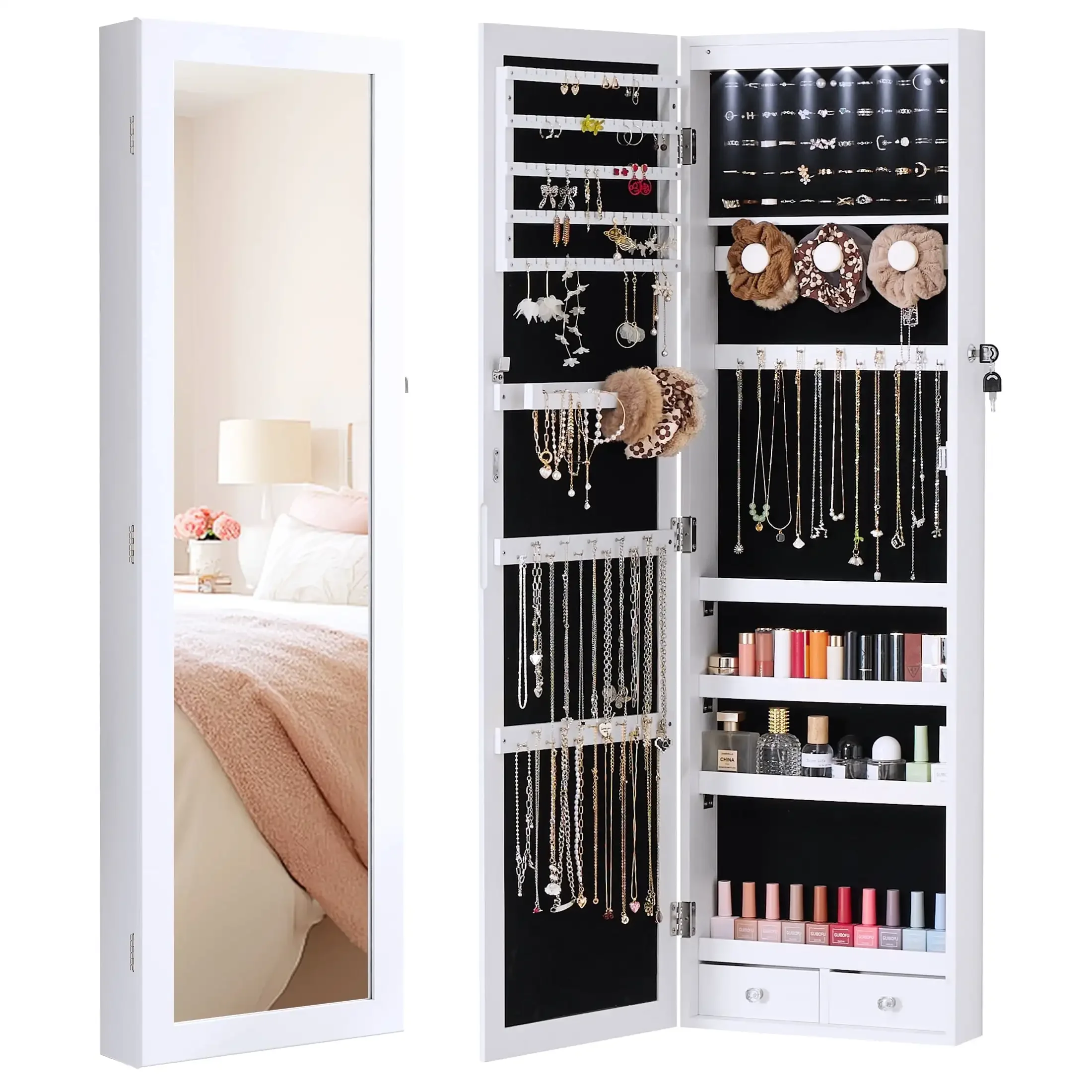 

Full-Length Mirror Jewelry Cabinet with 6 LED Lights, Wall Door Mounted Large Jewelry Armoire Organizer with Makeup Storage
