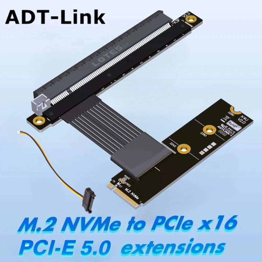 PCIe 5.0 x4 Riser Cable M.2 For NVMe M-key to X16 PCIE Gen5 For STX Motherboard Graphics Card Extension Cable W Sata Power Cable