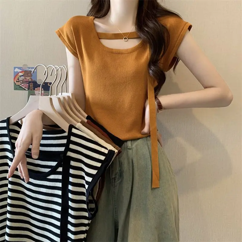 

Women's Summer French Graceful Solid Knit T-Shirts 2025 New Lady Fashion Joker Short Sleeve Tops Daily Simple Joker Tees Female