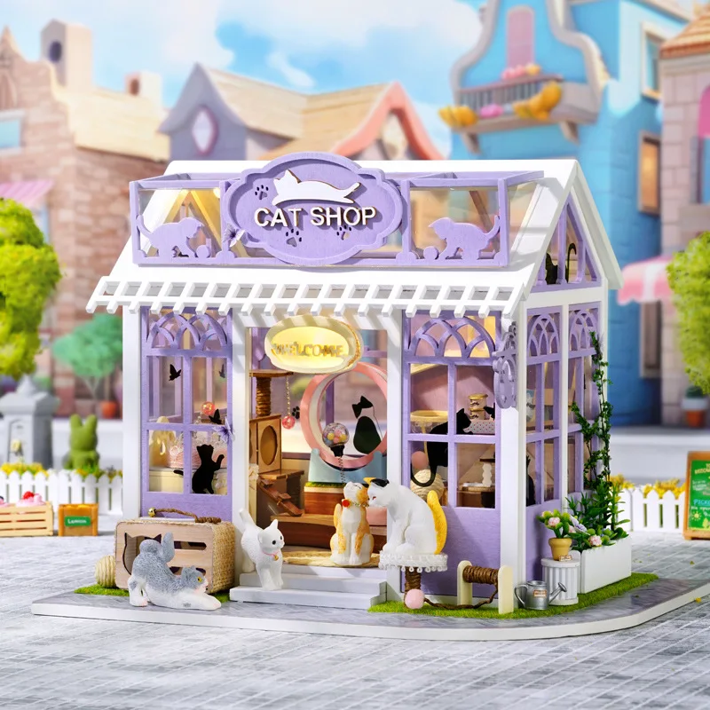 Casa delle bambole in legno fai-da-te Casa per gatti Negozio di fiori in miniatura con kit di mobili Assemblare blocchi Giocattoli per bambini Regalo per adulti Casa