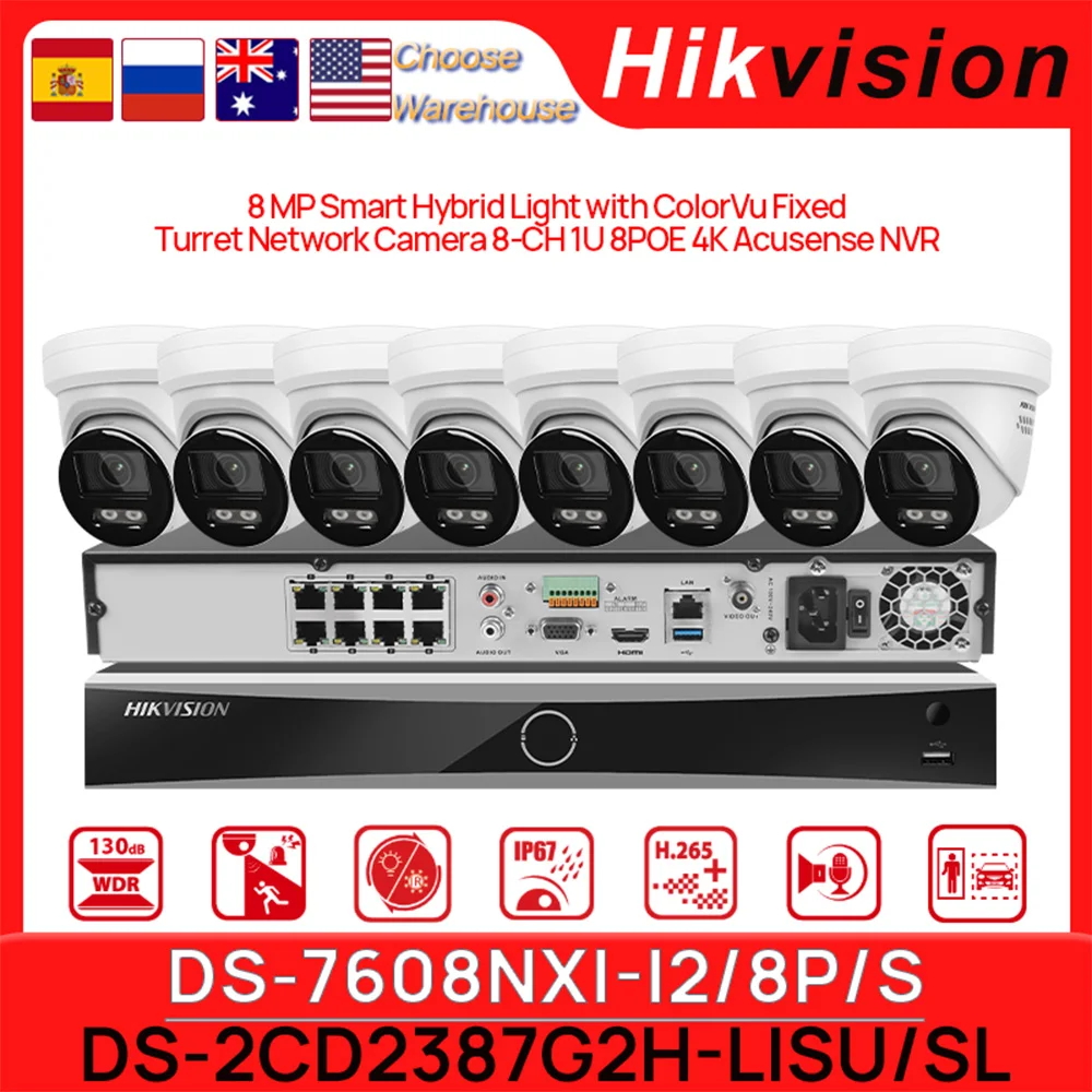 

8PCS Hikvision Kits DS-2CD2387G2H-LISU/SL ColorVu IP Camera 8ch PoE 4K NVR DS-7608NXI-I2/8P/S Video CCTV System 2-Way Audio IP67