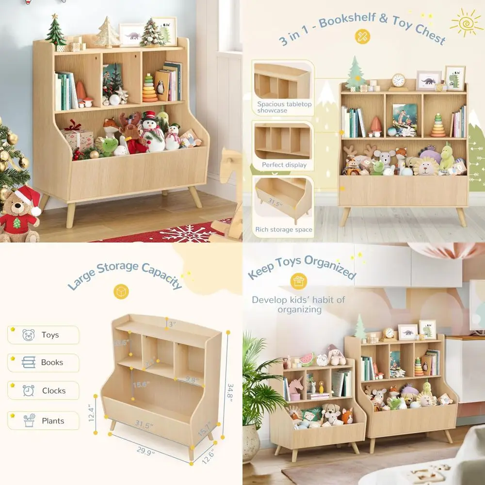 

Трехъярусная деревянная книжная полка и органайзер для игрушек, большой стеллаж из натурального дерева для хранения и демонстрации для детей и всей семьи