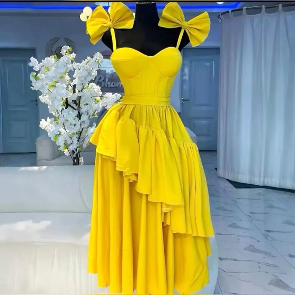 

2025 Princess Prom Dresses With Bows Spaghetti Straps Floor Length Girls Birthday Gowns A Line Satin Party Dress