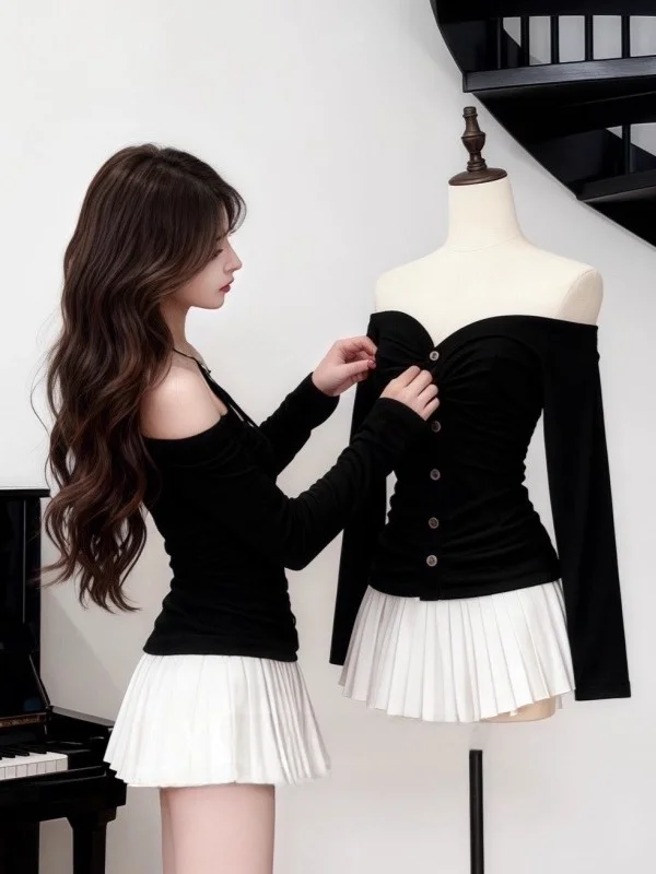 

Ele Bla Long Sve Pleated Waist Cinching Dr Women's Faion Autumn Winter New Sle One oulder ort Skirt