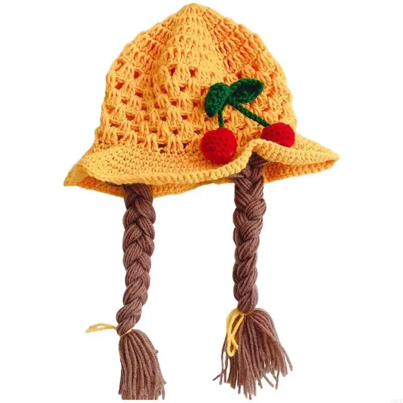 

E06F Handmade Knitted Baby Girls Hat Newborn Wigs Brades Kids Crochet Cap with Plaits Infants Photography Props Headwear