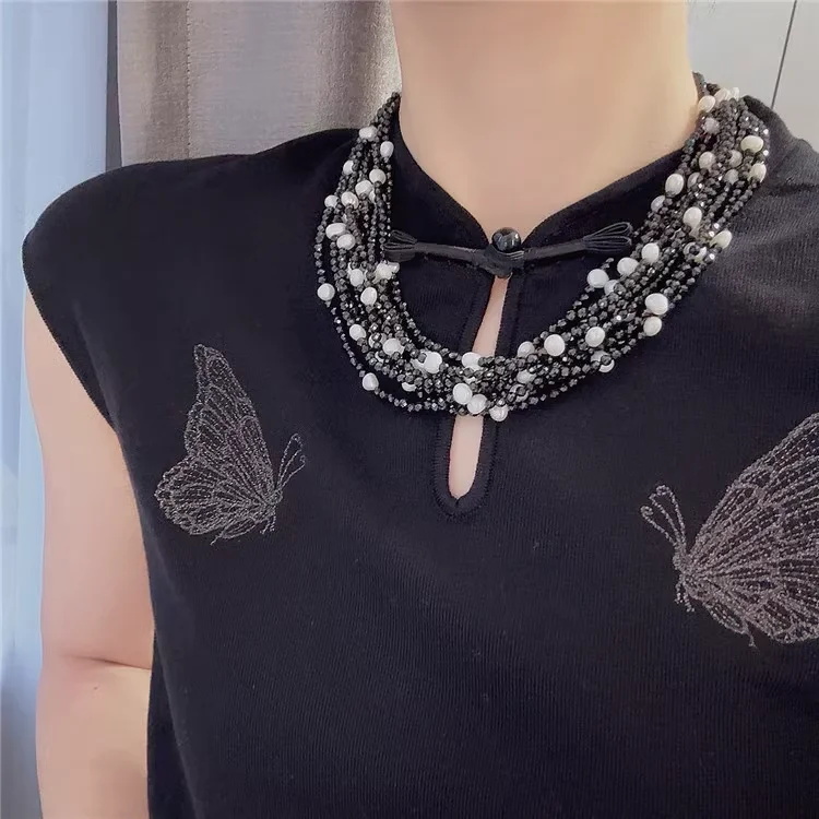 Women's natural pearl with black spinel multi-layer necklace with the removable brooch