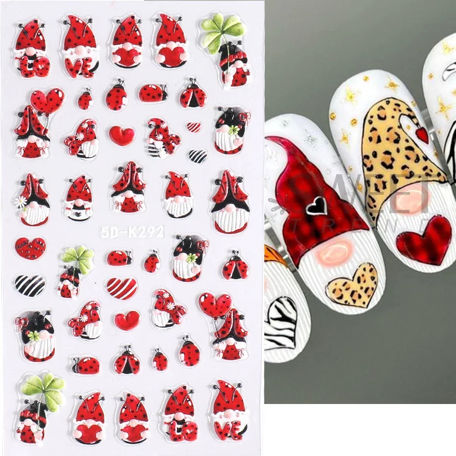 5D Cute Valentine adesivi per unghie in rilievo Cartoon Panda coccinella bambola cuore rosso lettera ti amo cursore inciso Manicure Decor