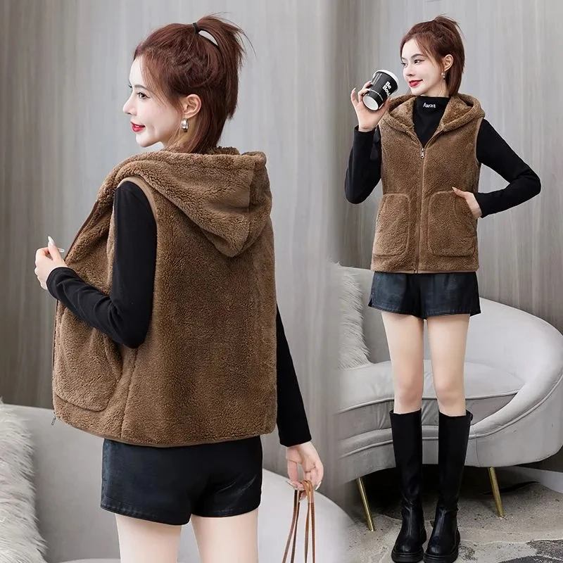 4XL Autumn Winter Korean Vest Jacket 2025 New Women\'Hooded Polar Fleece Sleeveless Jacket Lady Casual Warm Soft Waistcoat Tops