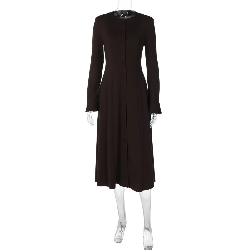TARUXY Elegant Knitted Cardigan Dress Women's Fashion Button Slim Round Neck Solid Dress Autumn Versatile Party Commuting Outfit