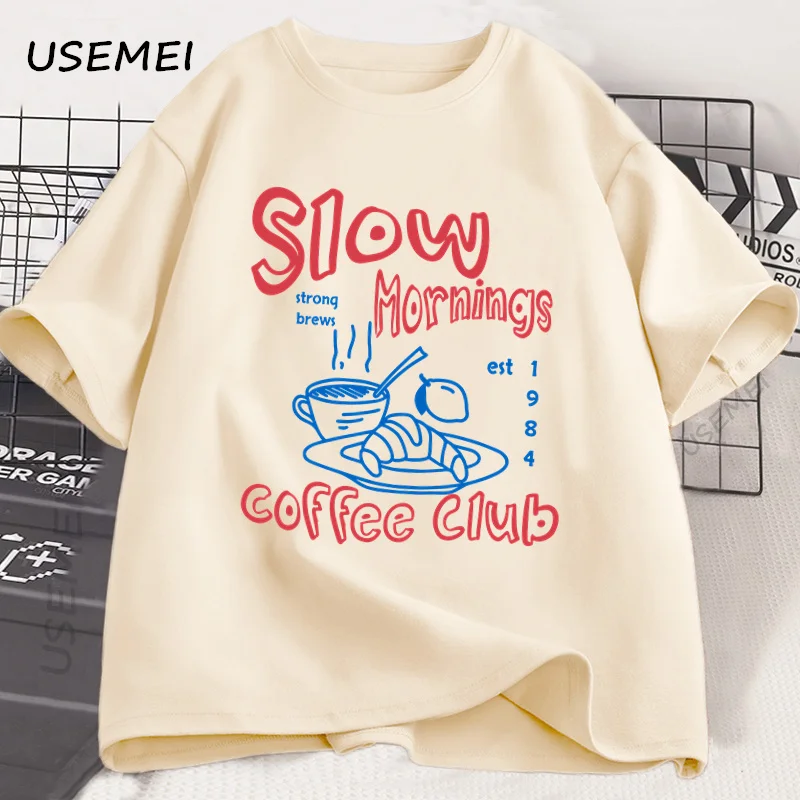 Slow Mornings Graphic Tshirt Man Trendy Coffee Club Tshirt Retro Coffee and Croissant T Shirt Breakfast Club Tee Cotton Clothing view 2