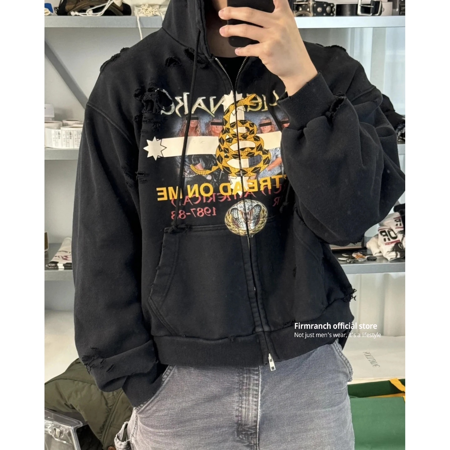 

Firmranch ретро корейская уличная змеиная годовая группа с принтом потертая куртка с капюшоном для мужчин и женщин стираная толстовка с капюшоном на молнии