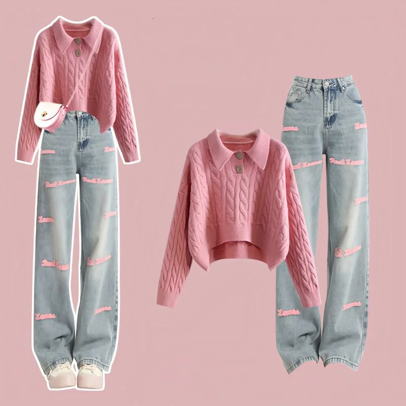 Korean Hemp Pattern Knitted Sweater Pullover Embroidered Letter Jeans Two Piece Fashion Women's Pants Set