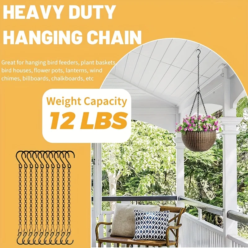 11.4 Inch Black Hanging Chain With S Hooks Adjustable Iron Plant Hanger Indoor Outdoor For Planters Bird Feeders Lanterns Flower