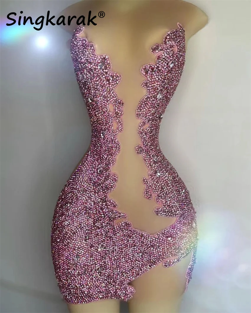 

Glitter Pink Short Prom Dresses Luxury For Black Girls 2024 Beading Crystal Rhinestones Birthday Dress Cocktail Gown Customized