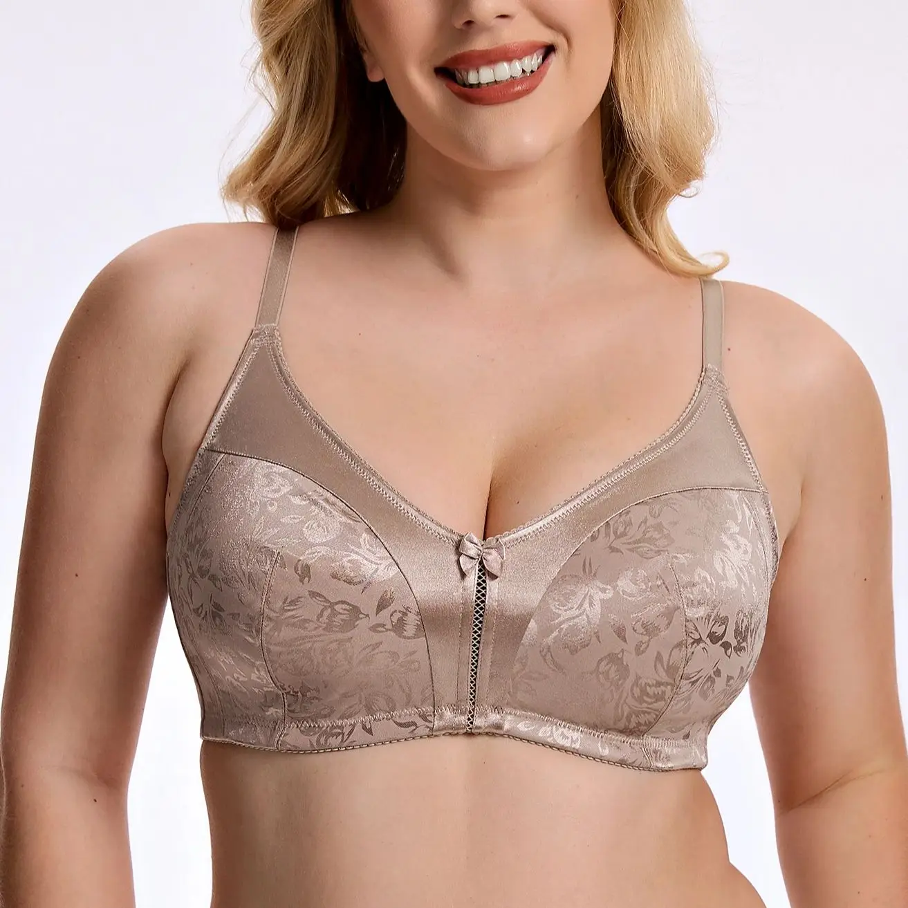 Wingslvoe Women's Full Coverage Wireless Minimizer Bra, Non Padded Comfort Bras for Plus Size Ladies with Floral Pattern, Soft