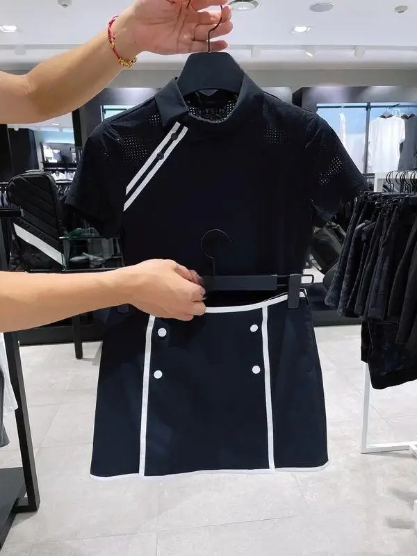 Korean Style Women Golf Outfit Quick Dry Breathable Short Sleeve Tops Skirt Set Ladies Casual Golf Sportswear