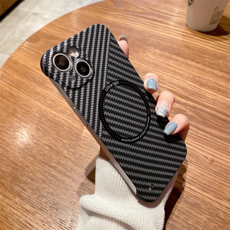 Ultra Thin Carbon Fiber Magnetic Case for iPhone 18 Pro Max 17 Air 16 15 14 13 11 12 For Magsafe Charging Frameless Hard Cover