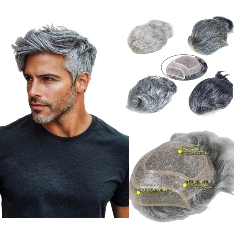 

Мужской парик из 100% человеческих волос 8x10 дюймов, седые волосы, моно-база, кружево с искусственной кожей для пожилых джентльменов, цвета 1B 1B90 # 613 1BT60