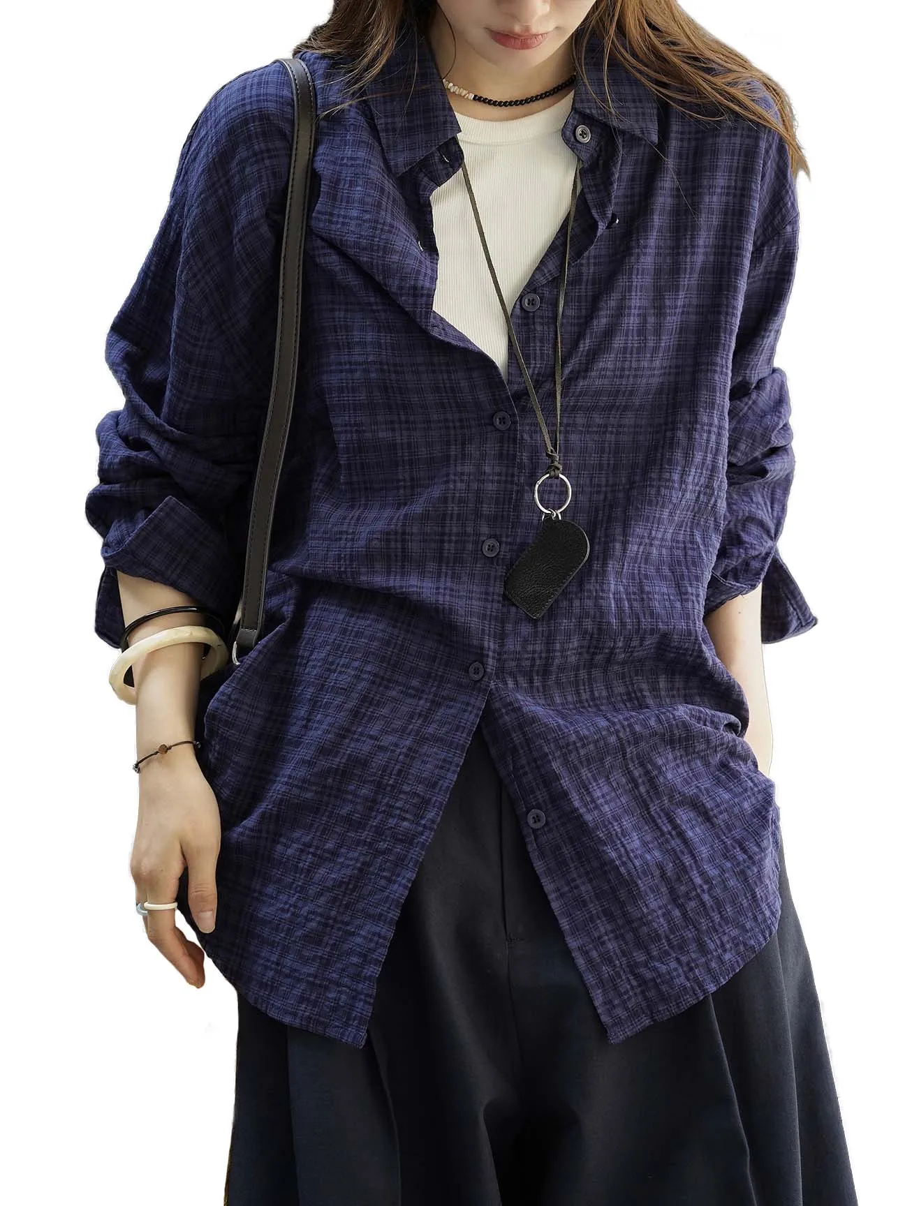 

Женская рубашка оверсайз с длинными рукавами, клетчатые рубашки в интеллектуальном стиле, синяя осень