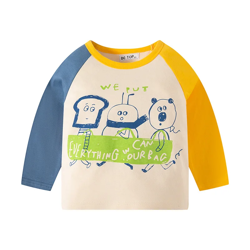 Child Wear Long Sleeve T-Shirt Cotton Base Shirt Color-Blocking Trend Cartoon T-Shirt Casual Breathable Boy Girl Loungewear