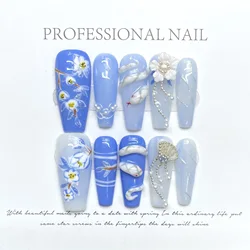 10pcs Handmade Press On Nails Glossy Blue Long Coffin Chinese Style False Nails 3D Flower White Snake Decors New Year Fake Nail
