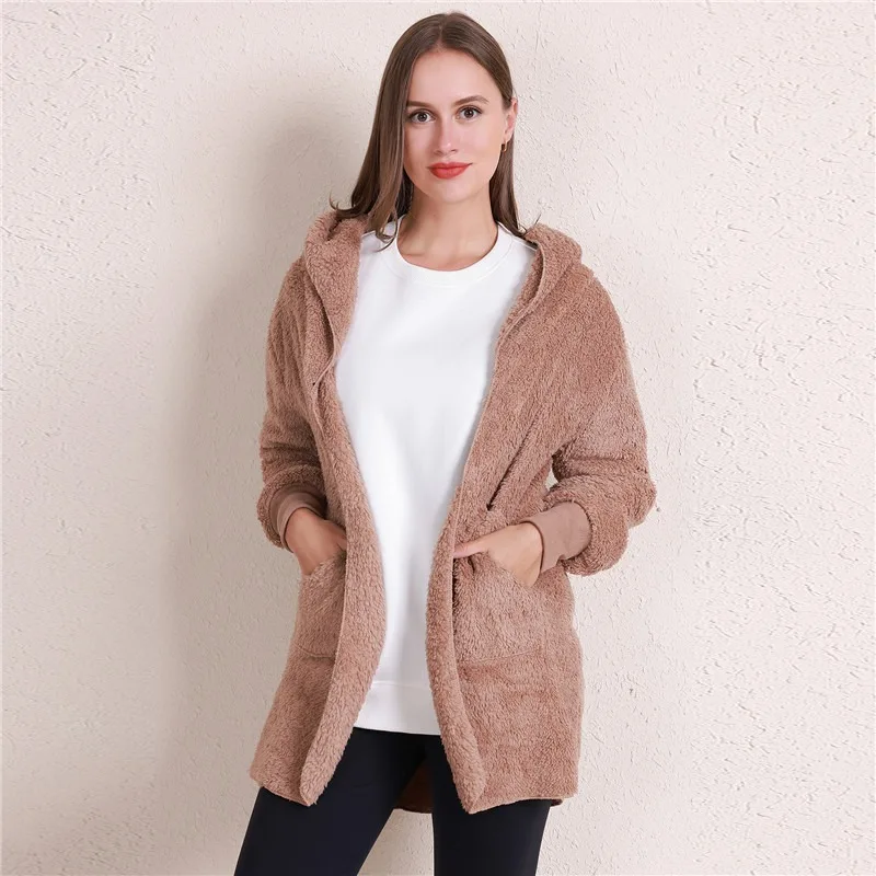 

Plush Warm Jacket For Women Faux Fur Long Sleeve Oversized Coats Korean Fashion Hooded Loose Coats Women Winter Black