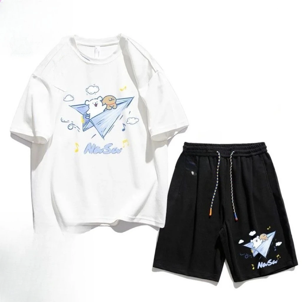 

Cartoon Short-sleeved Shorts Set 2025 Summer Trendy T-shirt Men's Pure Cotton Student Sports Five-point Pants