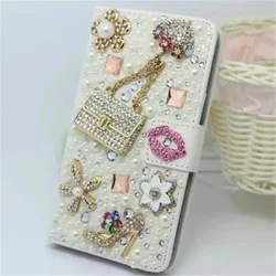 Luxury Rhinestone Wallet Leather Diamond Phone Case for iPhone, Pearl Flower, Lipstick Cover,16pro 15 Plus 14, 11, 12, 13Pro Max