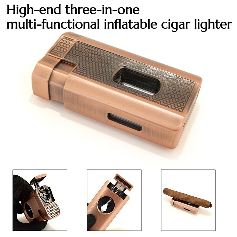 

High-quality Three-in-one Multi-functional Inflatable Cigar Lighter Transparent Window Lid Three-burner Lighter Premium Gift