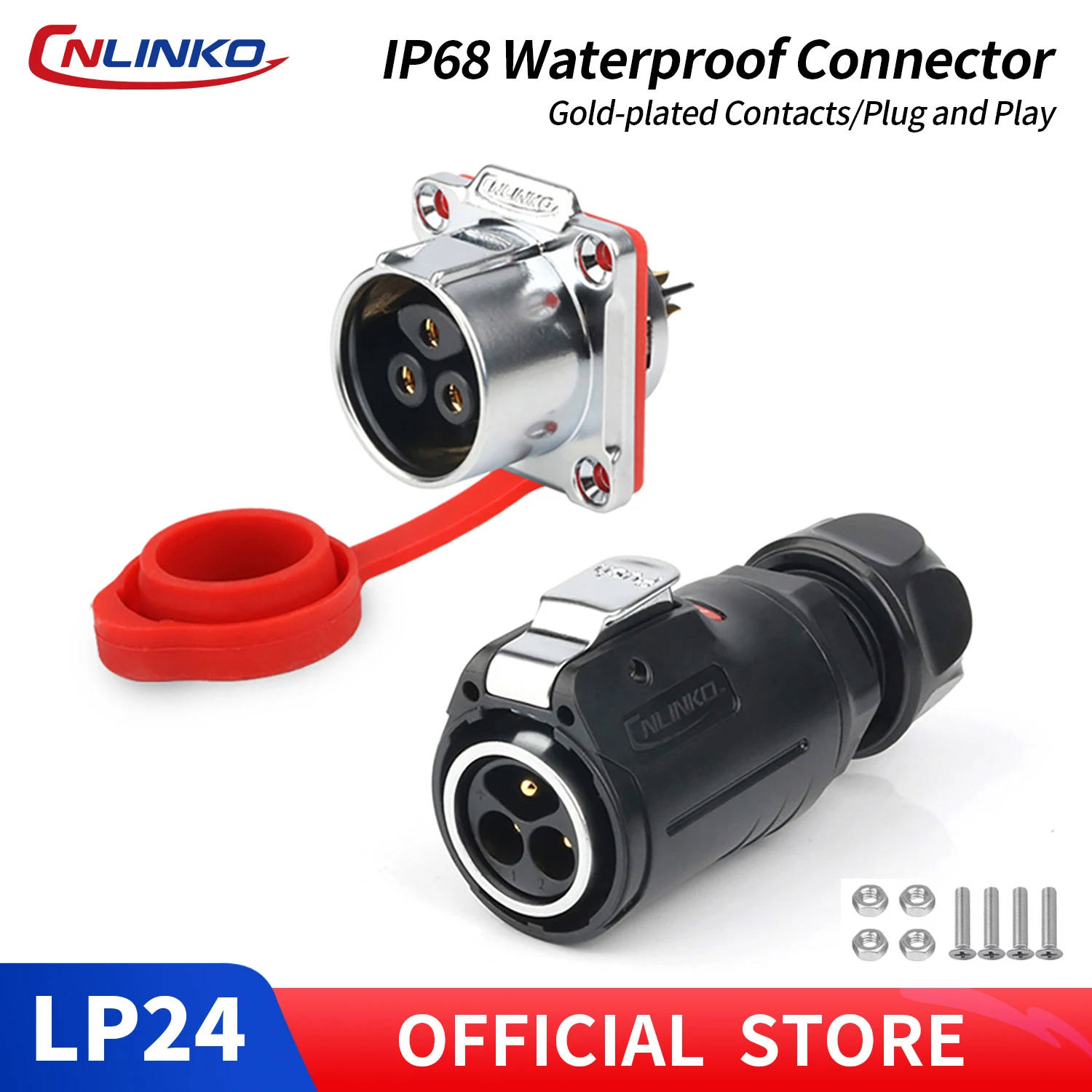 CNLINKO M24 IP68 Circular 35A Power Connector 2/3-Pin Male/Female Solder Type Quick Lock for EV Charging, Solar & Battery System