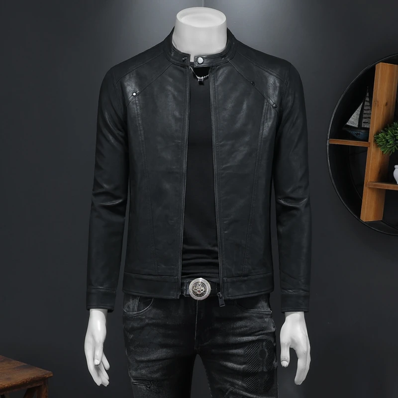 

Мужская кожаная мотоциклетная куртка Slim Fit с воротником-стойкой: модная, трендовая верхняя одежда для молодежи, осенняя коллекция