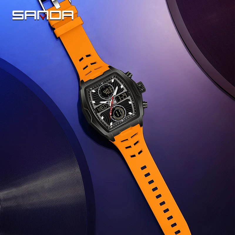 SANDA 6299 электронные кварцевые часы для мужчин, модный Tonneau-образный циферблат, светящиеся водонепроницаемые противоударные спортивные мужские цифровые часы