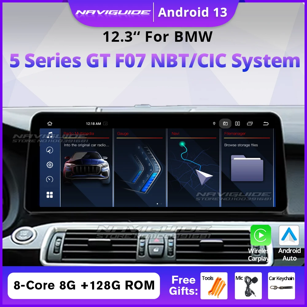 NAVIGUIDE 12.3 Inch Android 13 For BMW 5 Series GT F07 2011-2018 CIC/NBT System Car Radio Multimedia Stereo Player Navi WIFI GSP