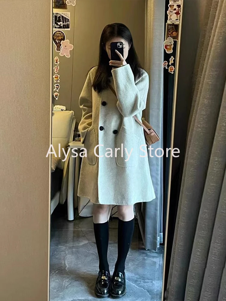 2023 Winter Korean Woollen Coat Women Preppy Style Pockets Chic Japanese Sweet Jacket Female Double Breasted Fashion Warm Coats