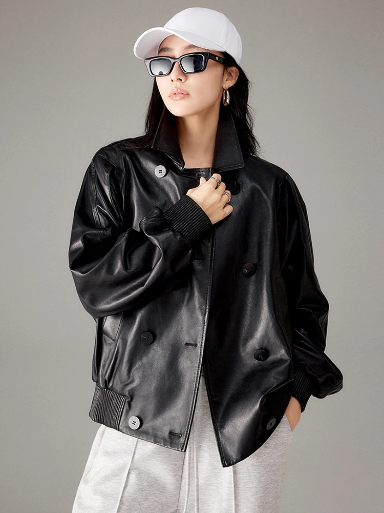 

Retro Genuine Leather Jackets for Women Spring Autumn High-end Simple Classic Double Breasted Black Short Real Sheepskin Coat
