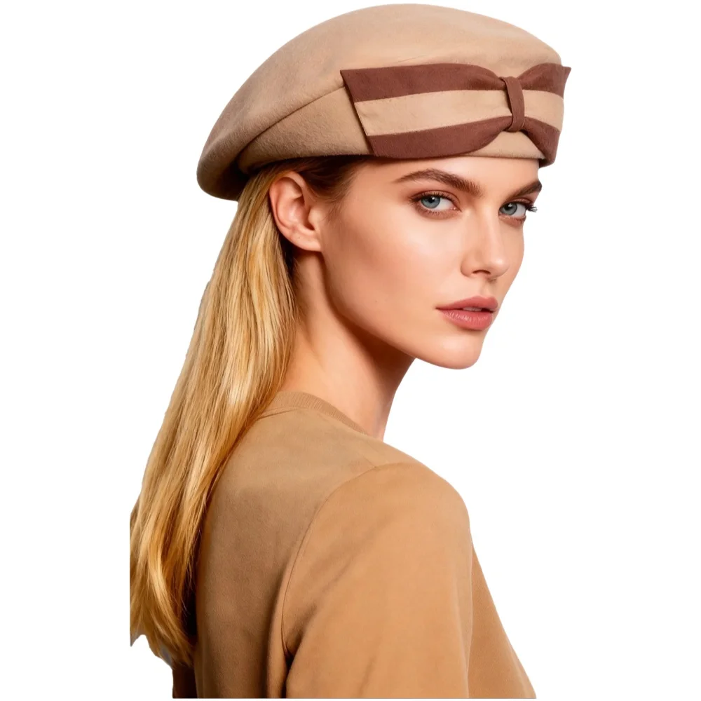 Damski beret wełniany w stylu vintage, czarna filcowa fedora z dużą kokardą, elegancki zimowy beret damski na ślub, do kościoła, beret femme. — zdjęcie 2