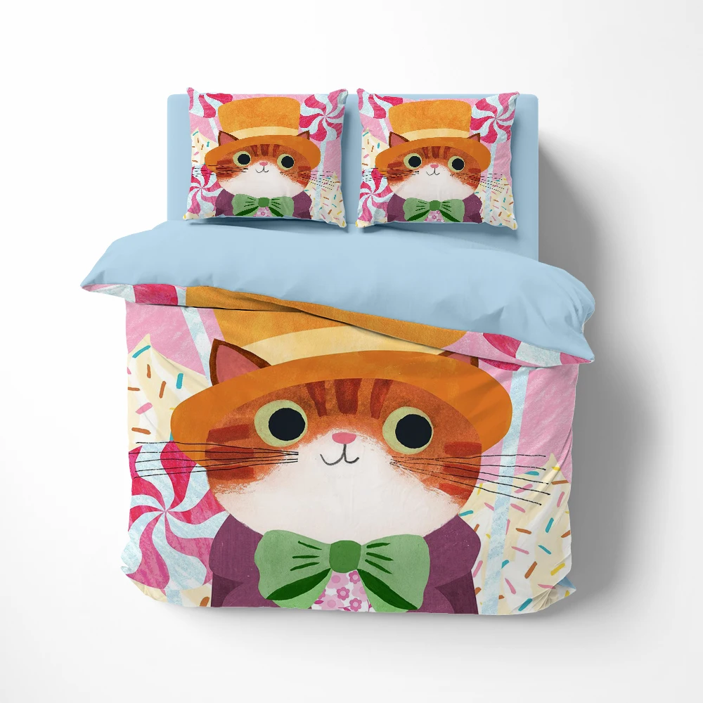 Linens Cartoon Cat Bedding set twin queen king euro bed linen Quilt/Duvet cover set 2bedrooms lovely Bed set for kids Orange