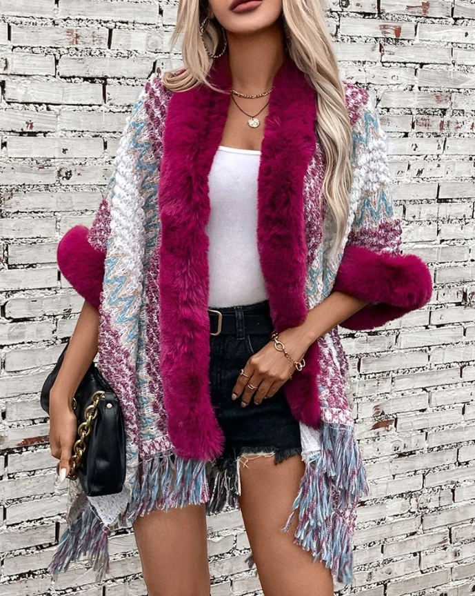 

Sweater Cardigan 2024 Fashionable Color Blocking Comfortable Loose and Fluffy Border Tassel Design Women's Knitted Cardigan