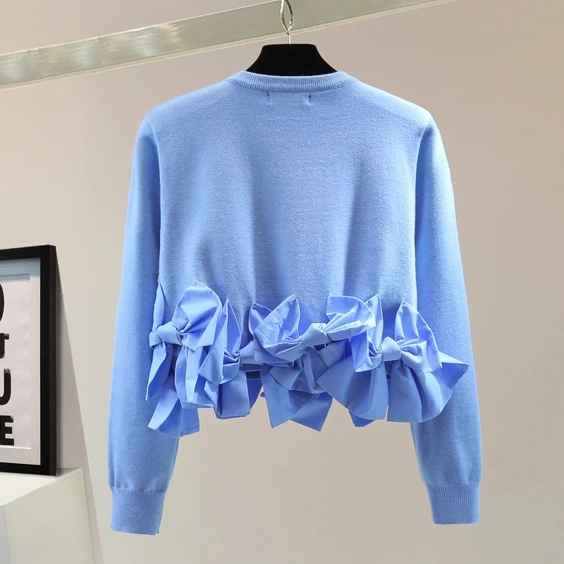 Cardigan lavorato a maglia a maniche lunghe con scollo tondo con fiocco resistente, cappotto maglione blu corto a vita alta dimagrante stile coreano autunno 2025