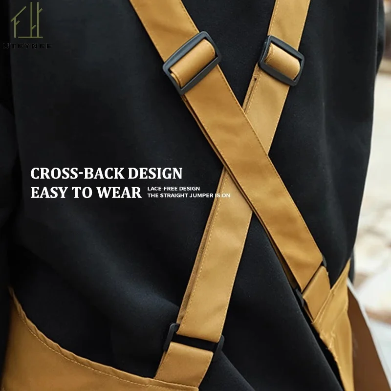 Oil-proof Waiter Work Apron with Pocket for Cafe Salon Nails Shop Anti-dirty Cross-back Women's Kitchen Apron for Cooking Baking